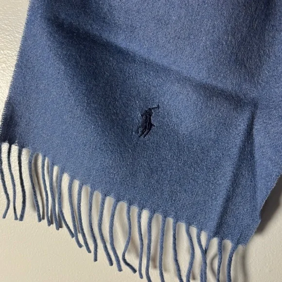 Polo Ralph Lauren Signature Embroidered Pony 100% Cashmere Blue Scarf w Fringe - Picture 9 of 10